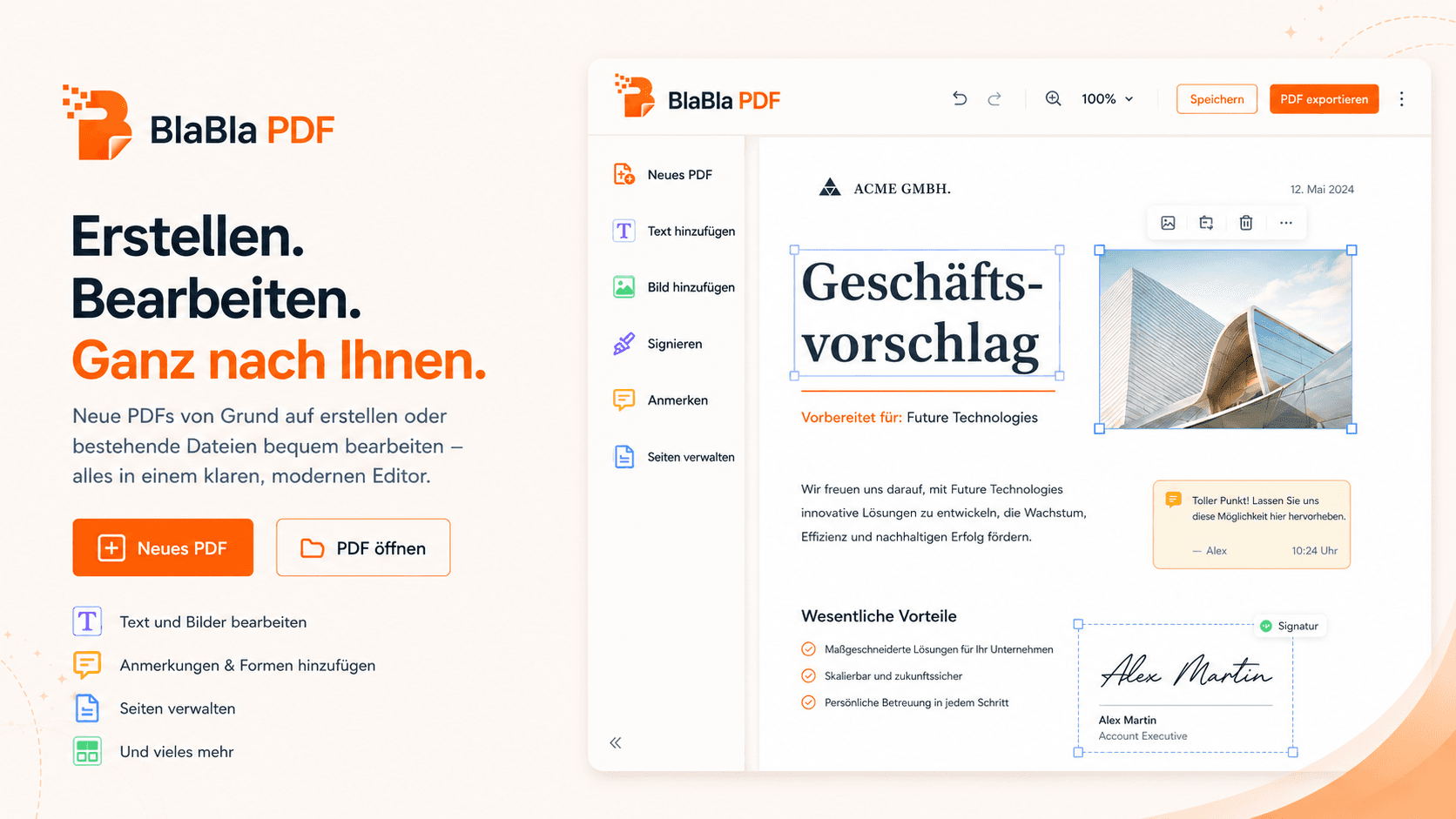BlaBla PDF Editor-Arbeitsbereich zum Erstellen und Bearbeiten von PDFs