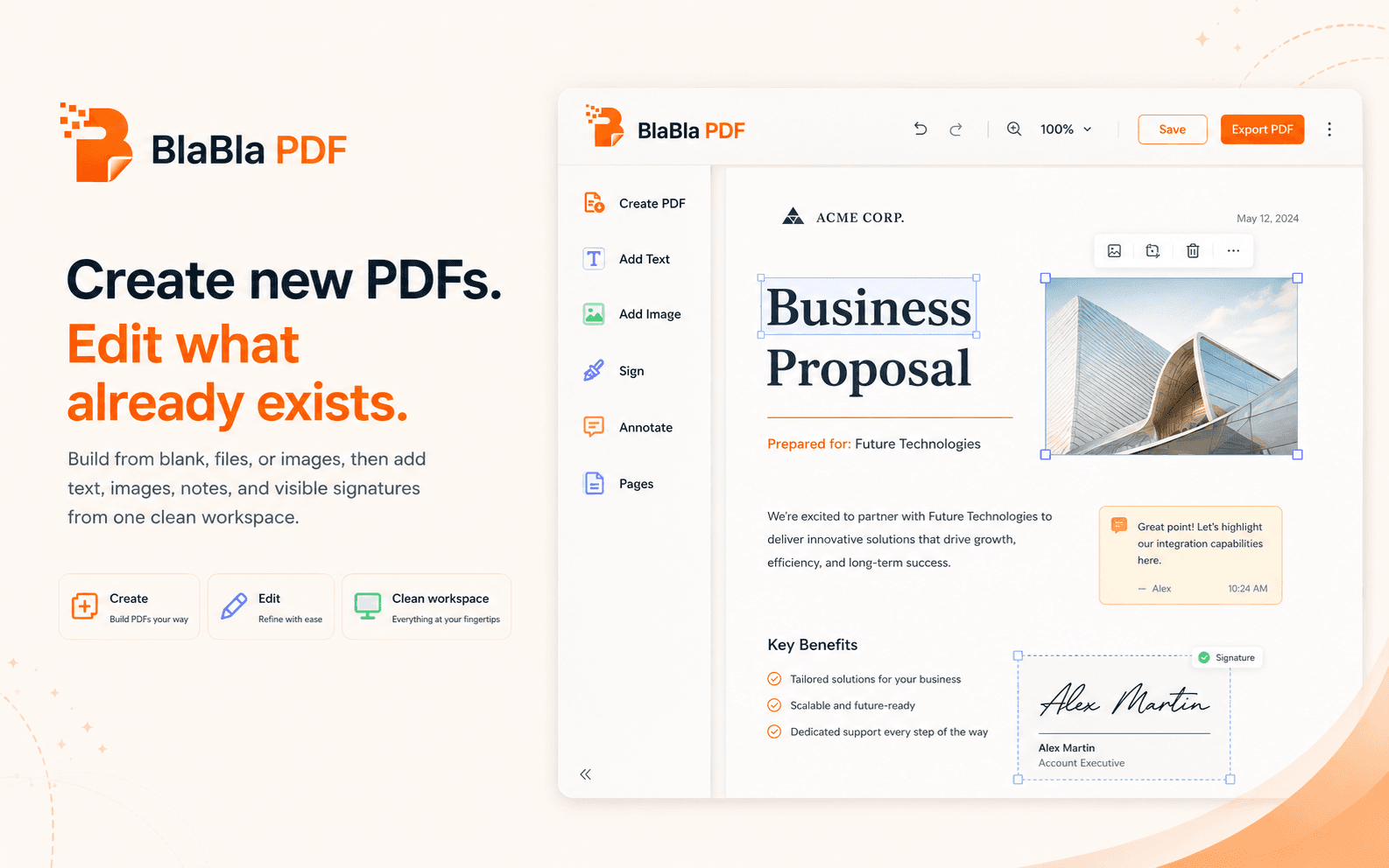 BlaBla PDF editor workspace for creating new PDFs and editing existing PDFs