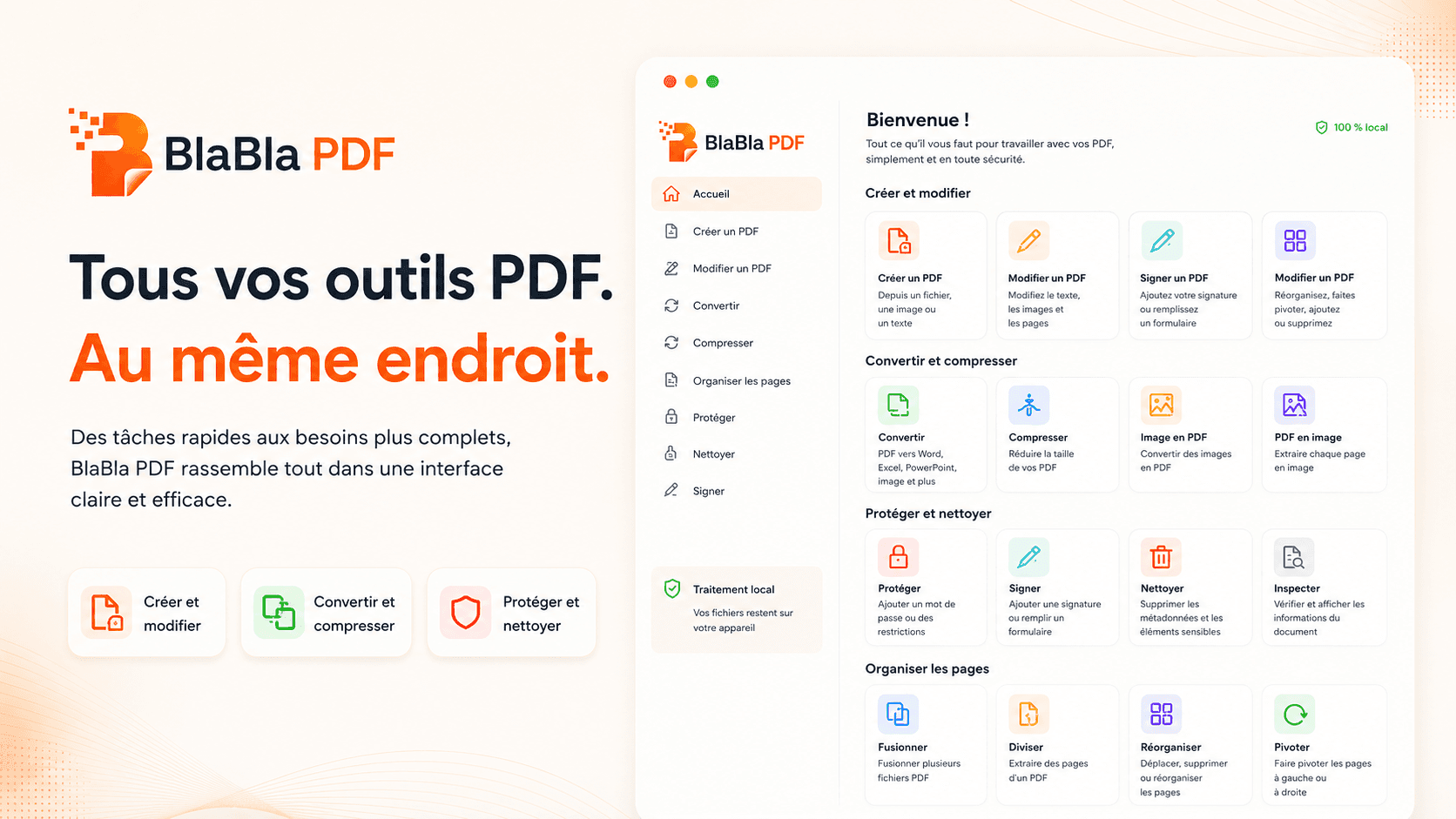 Vue des outils BlaBla PDF pour créer, modifier, convertir et organiser des PDF
