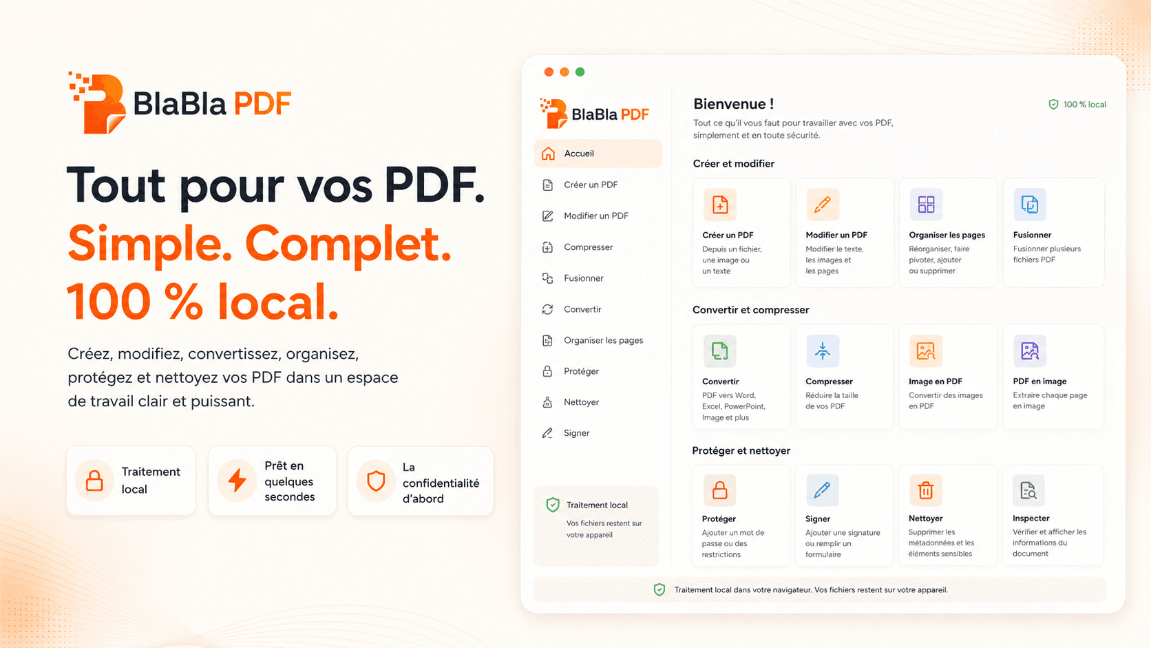 Espace de travail BlaBla PDF en français pour créer, modifier et organiser des PDF localement