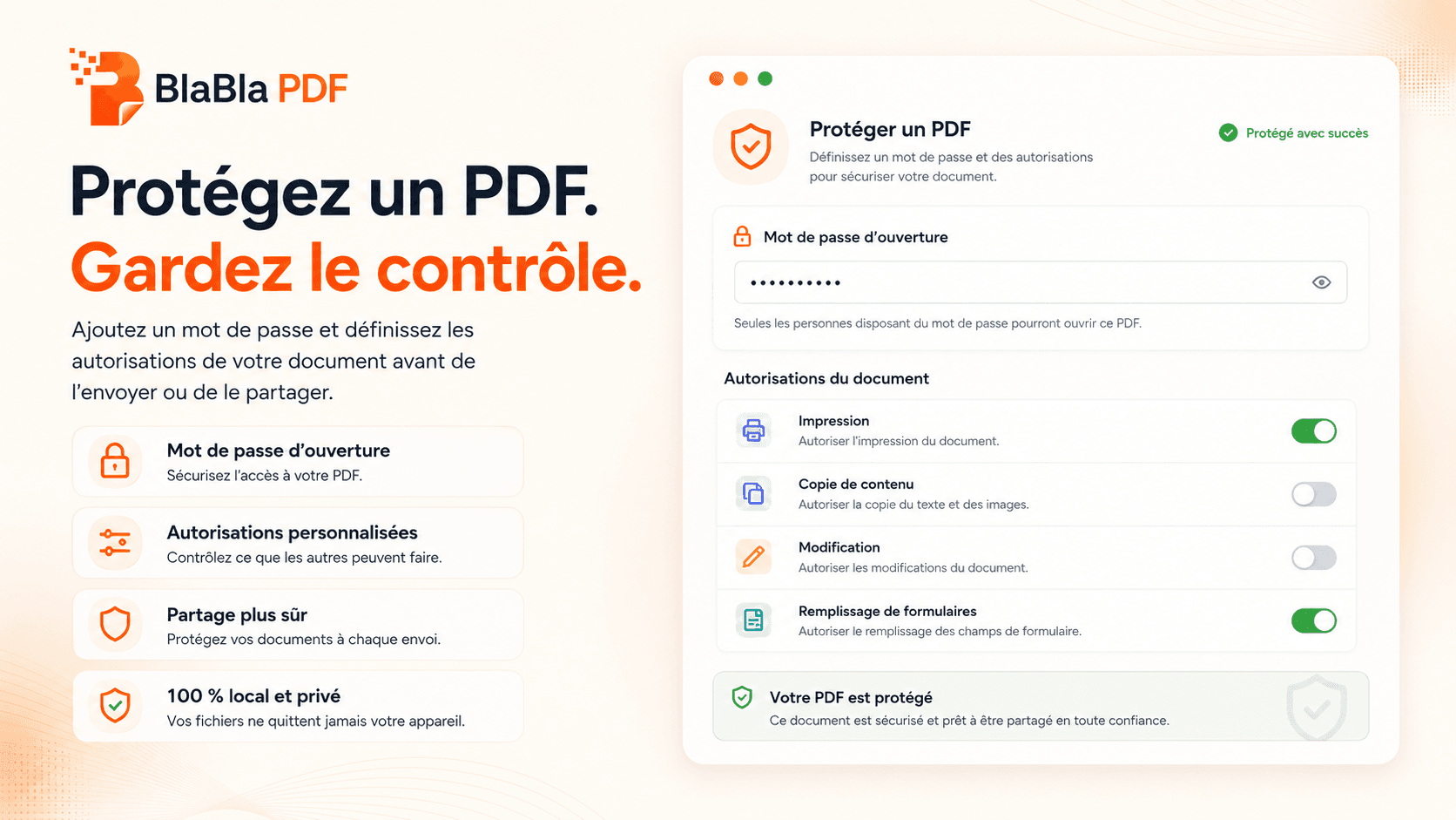 Interface BlaBla PDF de protection d’un PDF par mot de passe