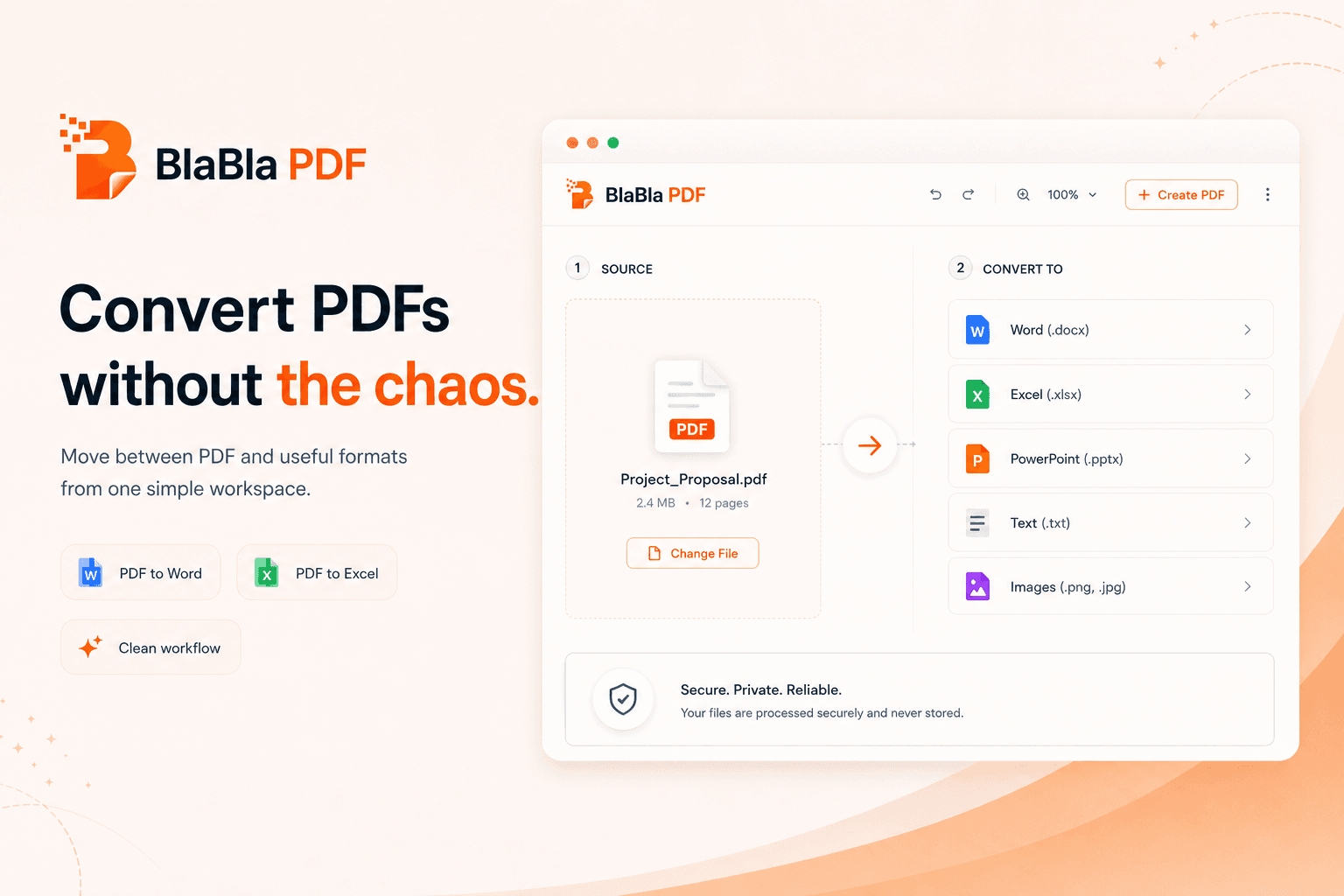 BlaBla PDF conversion flow from input file to selected output format