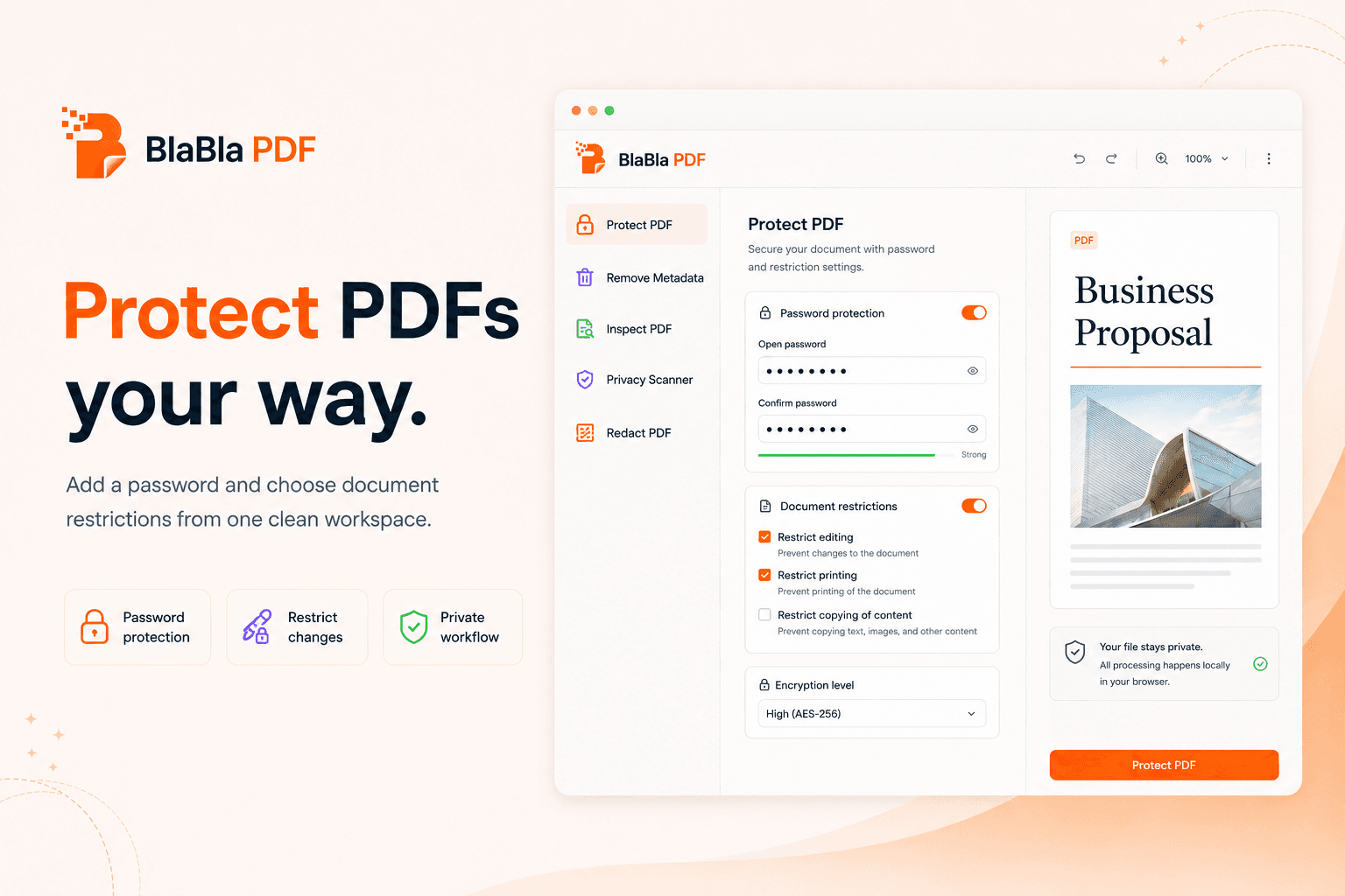 BlaBla PDF password protection interface for protecting a PDF