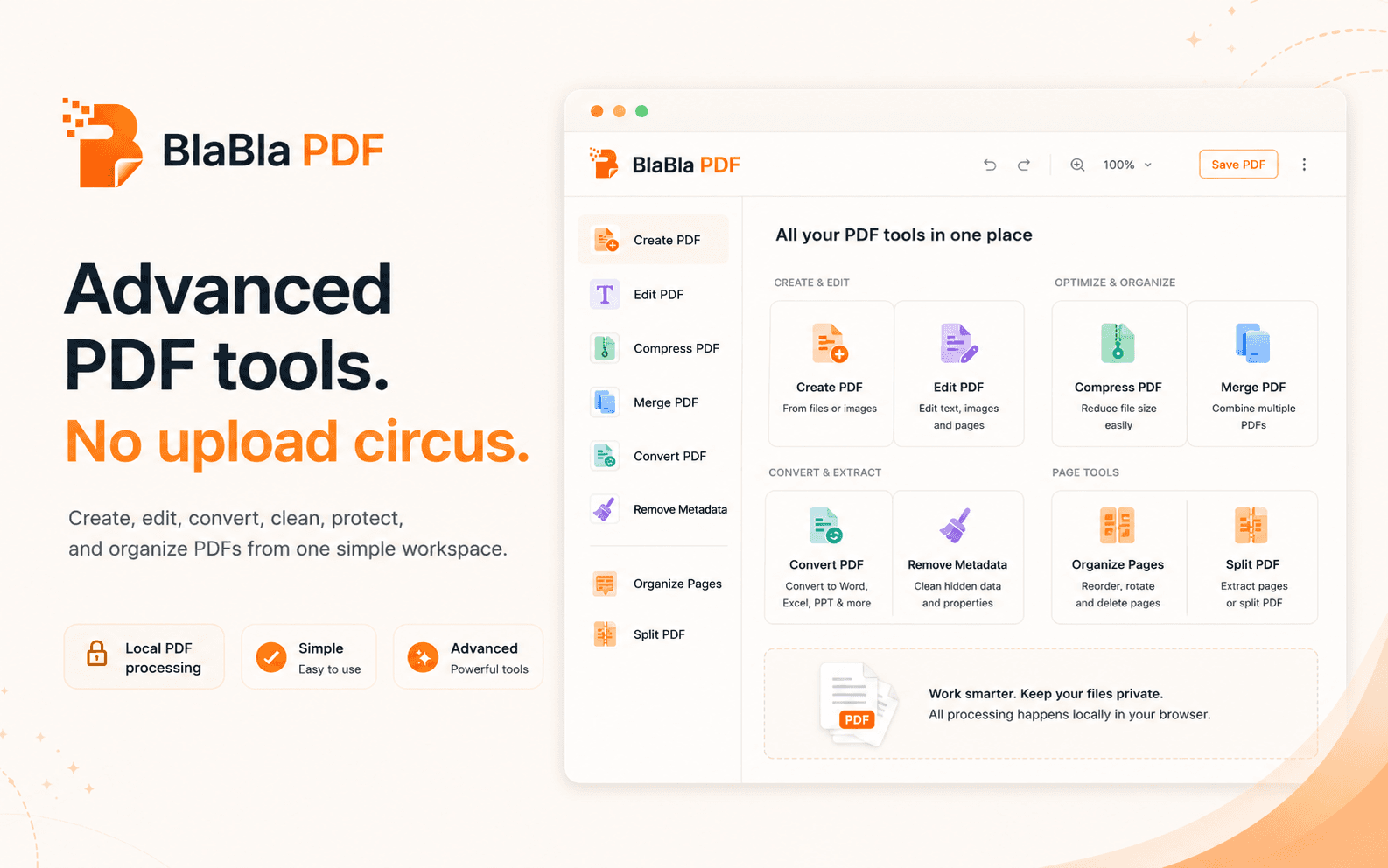 BlaBla PDF workspace showing advanced PDF tools without upload-first workflow