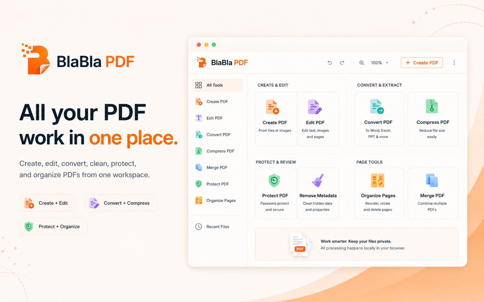 BlaBla PDF tools grid showing PDF creation, editing, conversion, cleanup, and organization
