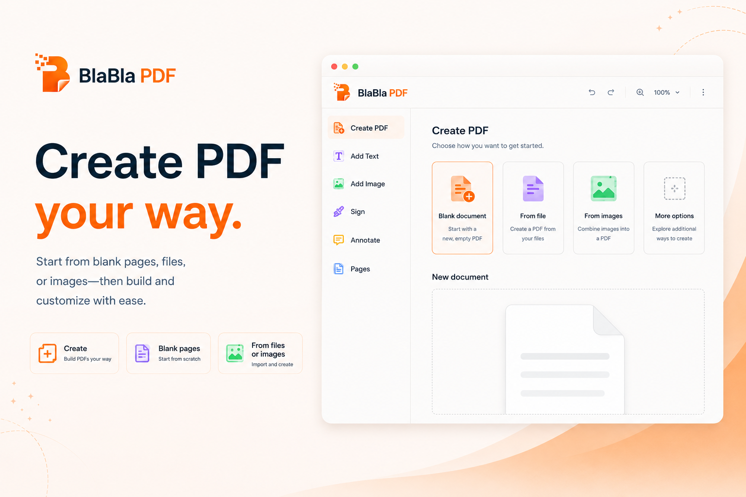 BlaBla PDF create PDF workspace for starting a new document