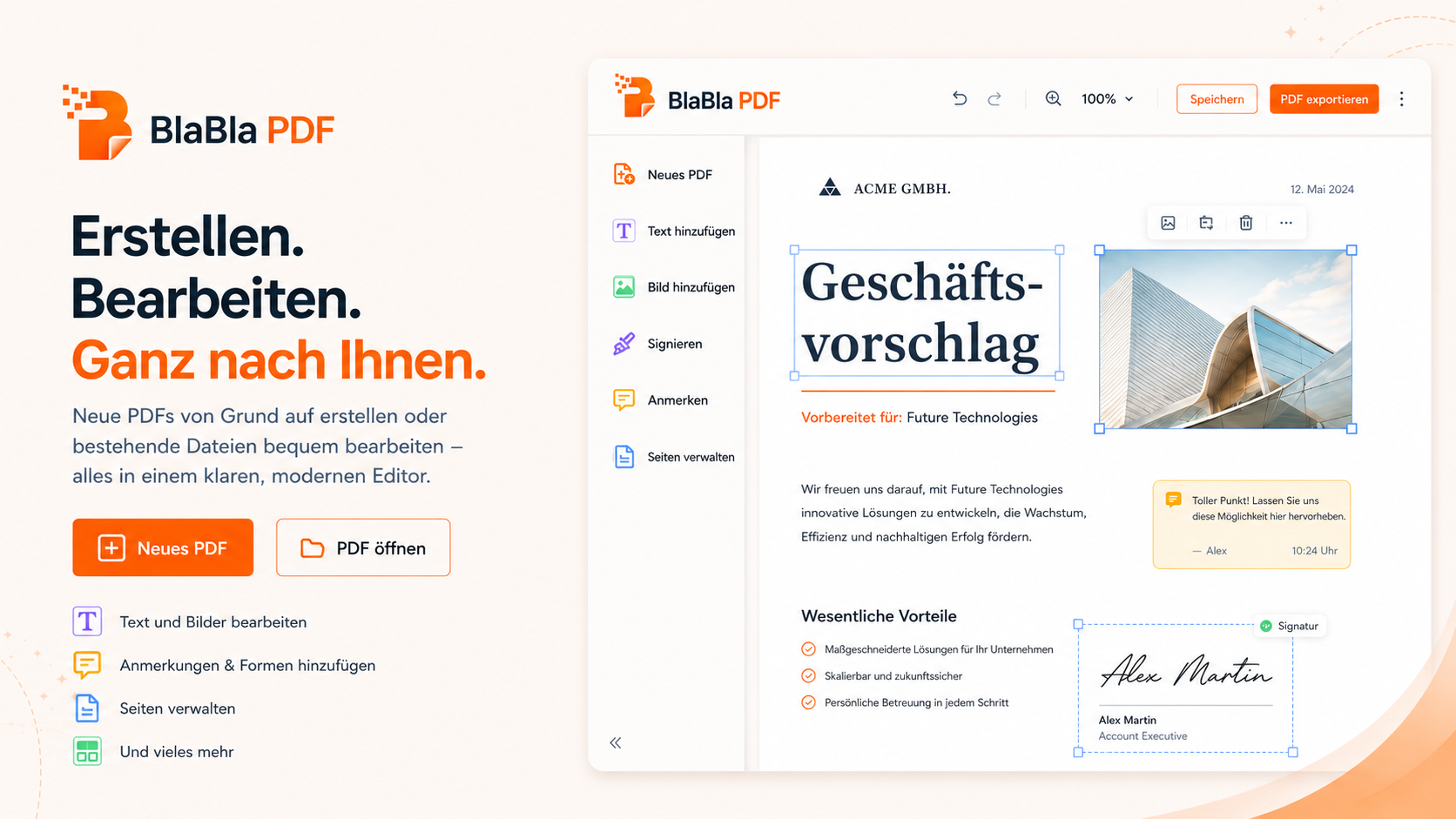 BlaBla PDF Editor-Arbeitsbereich zum Erstellen und Bearbeiten von PDFs