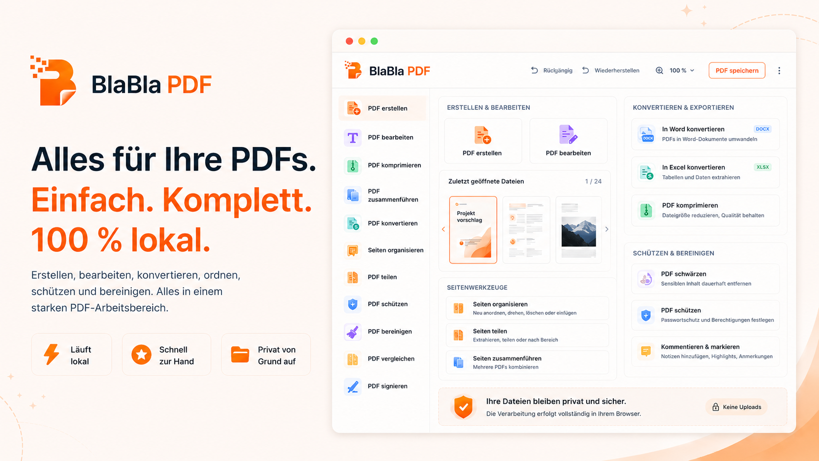 BlaBla PDF Arbeitsbereich mit deutschen PDF-Werkzeugen für lokale Verarbeitung