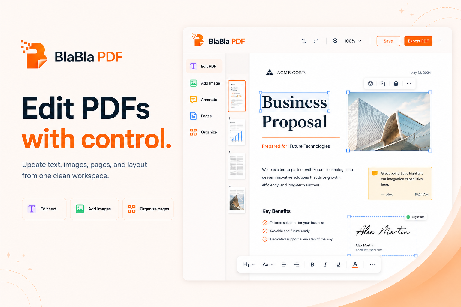 Existing PDF being edited with text, image, stamp, and signature overlays