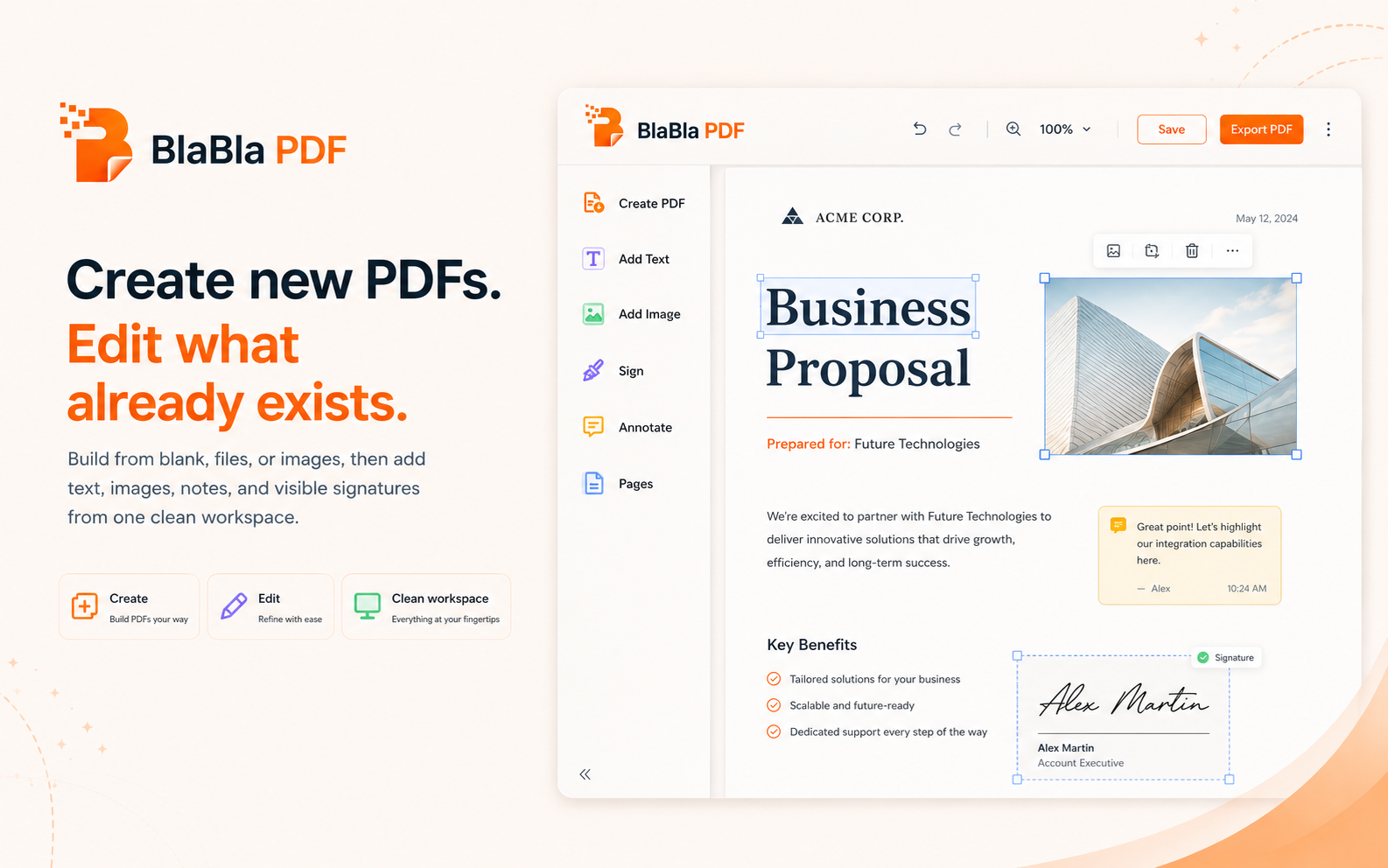 BlaBla PDF editor workspace for creating new PDFs and editing existing PDFs