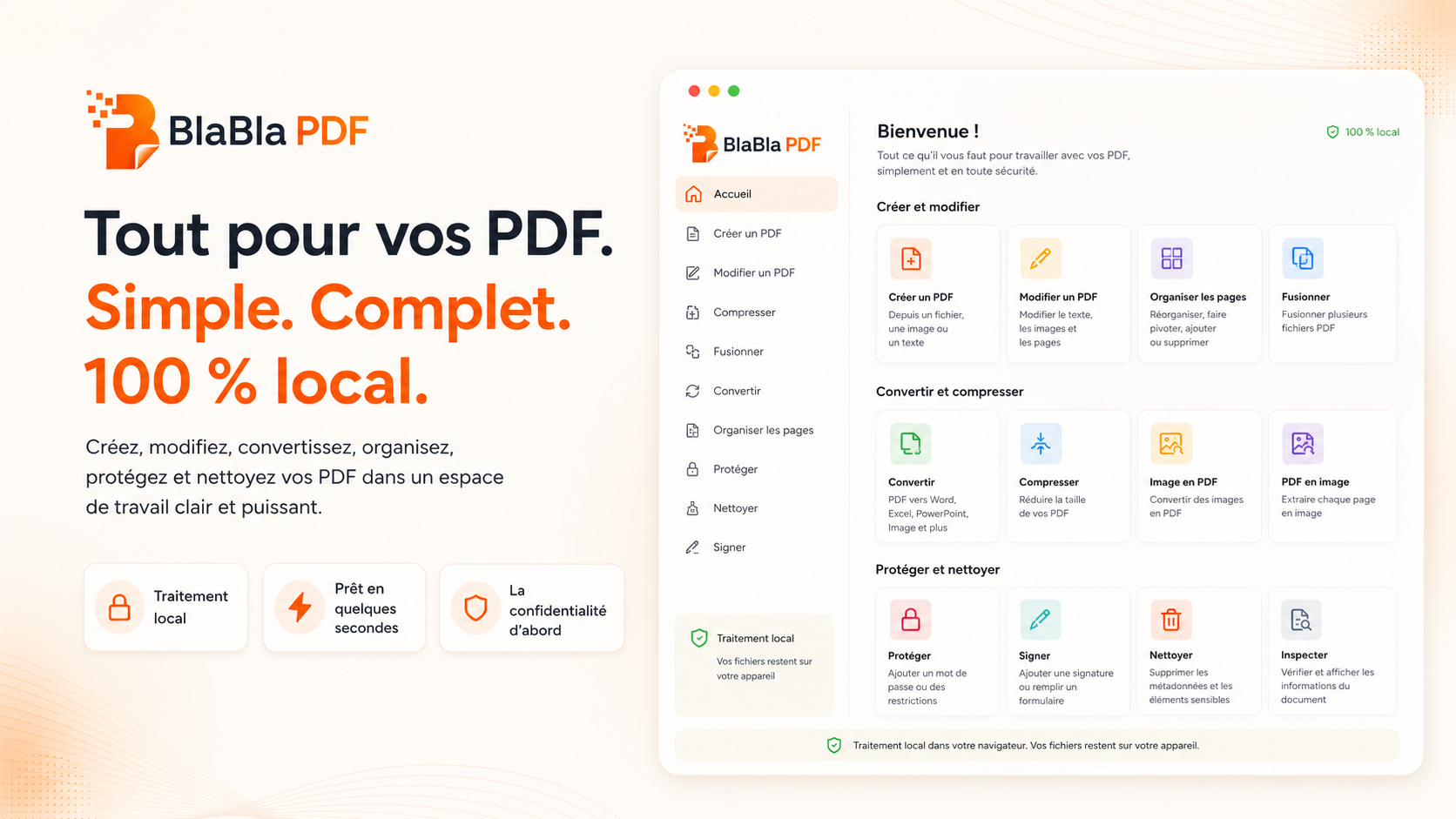 Espace de travail BlaBla PDF en français pour créer, modifier et organiser des PDF localement