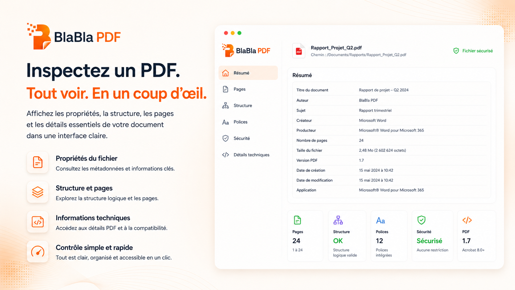 Panneau d’inspection BlaBla PDF affichant clairement les informations d’un PDF