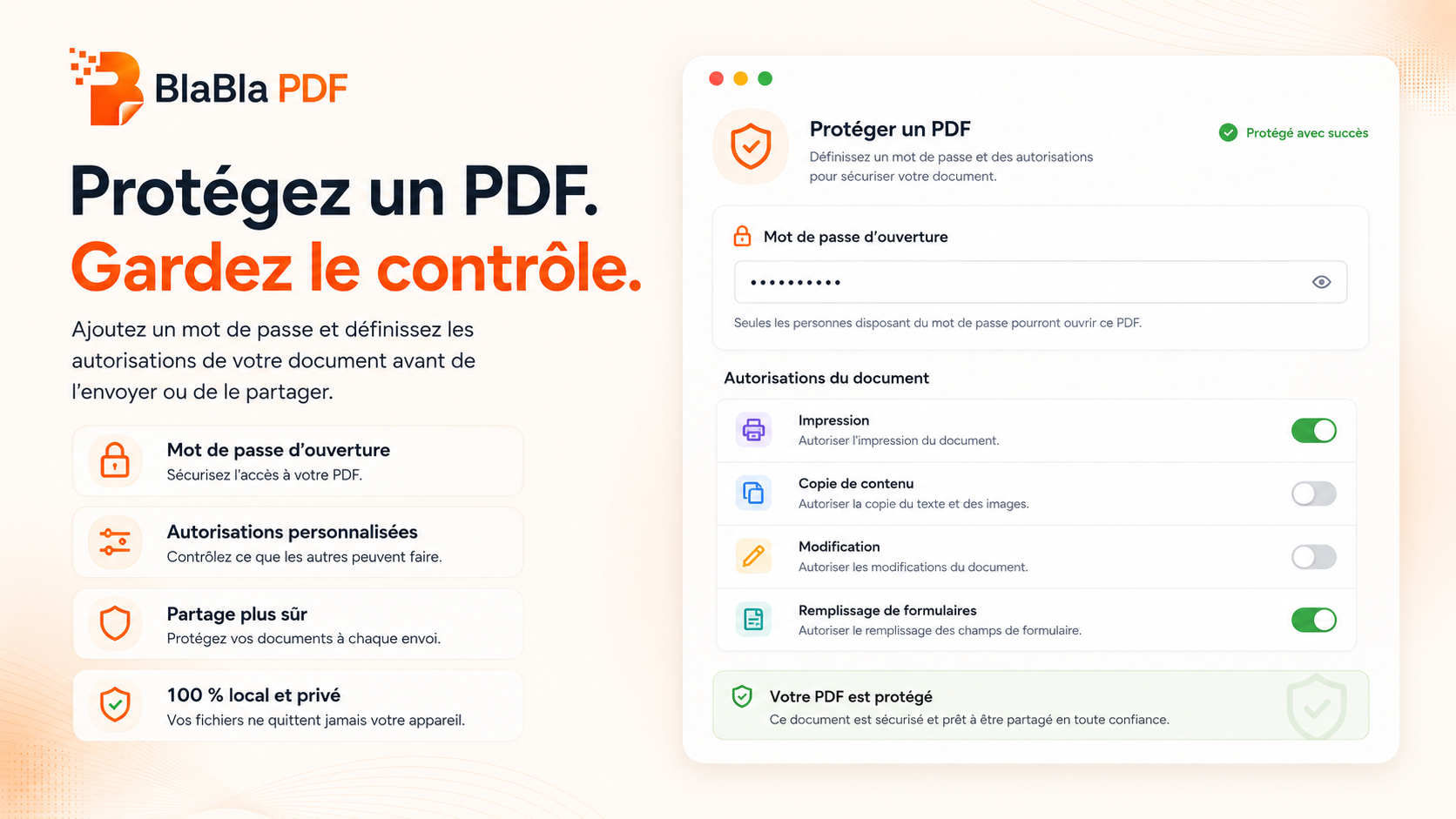 Interface BlaBla PDF de protection d’un PDF par mot de passe