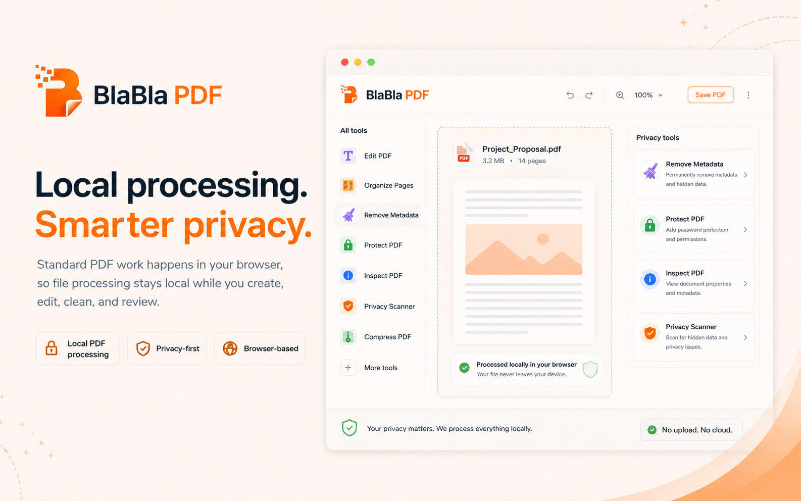 BlaBla PDF local processing visual showing smarter privacy for PDF work