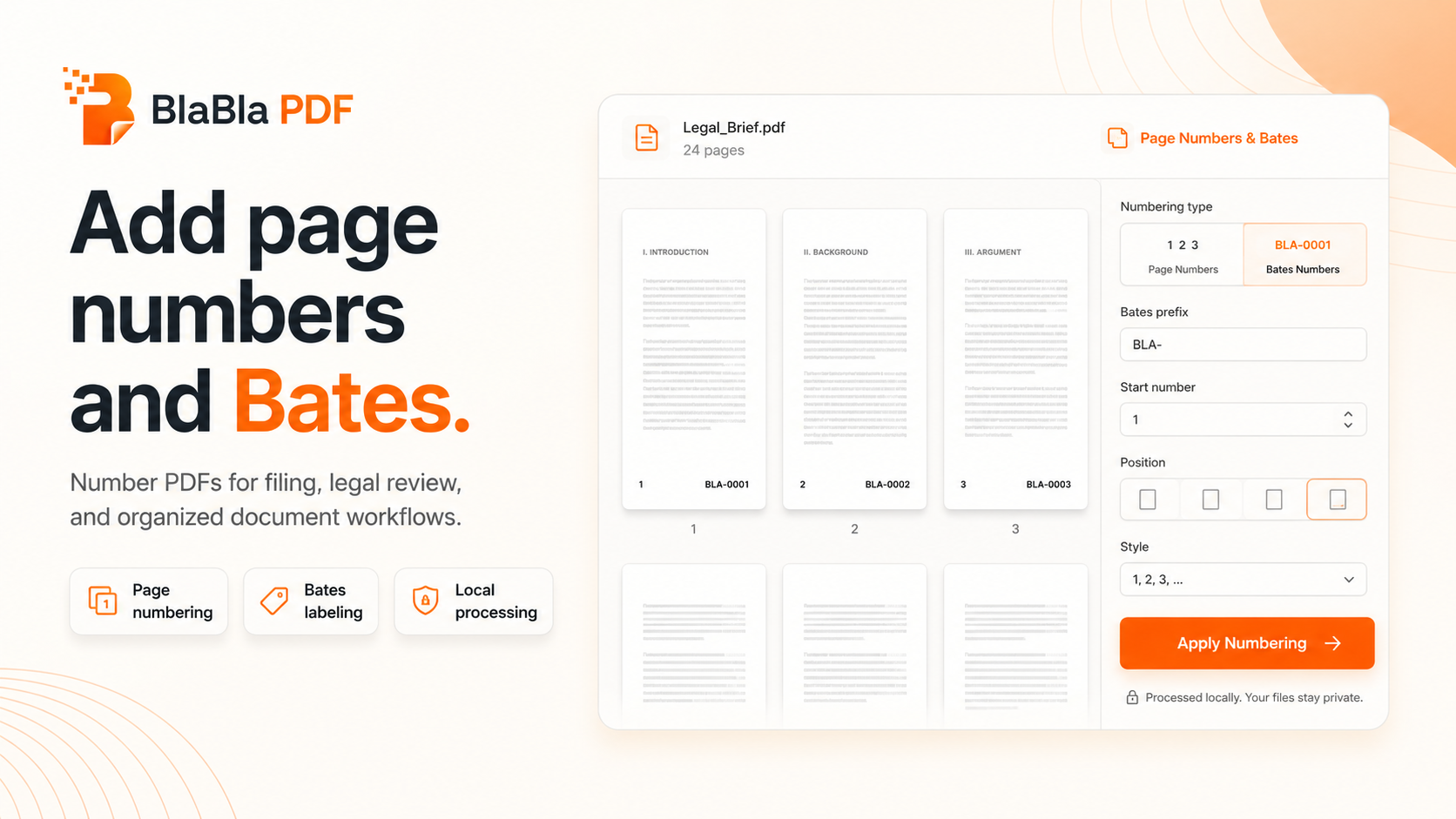 BlaBla PDF adding page numbers and Bates-style labels to PDF pages