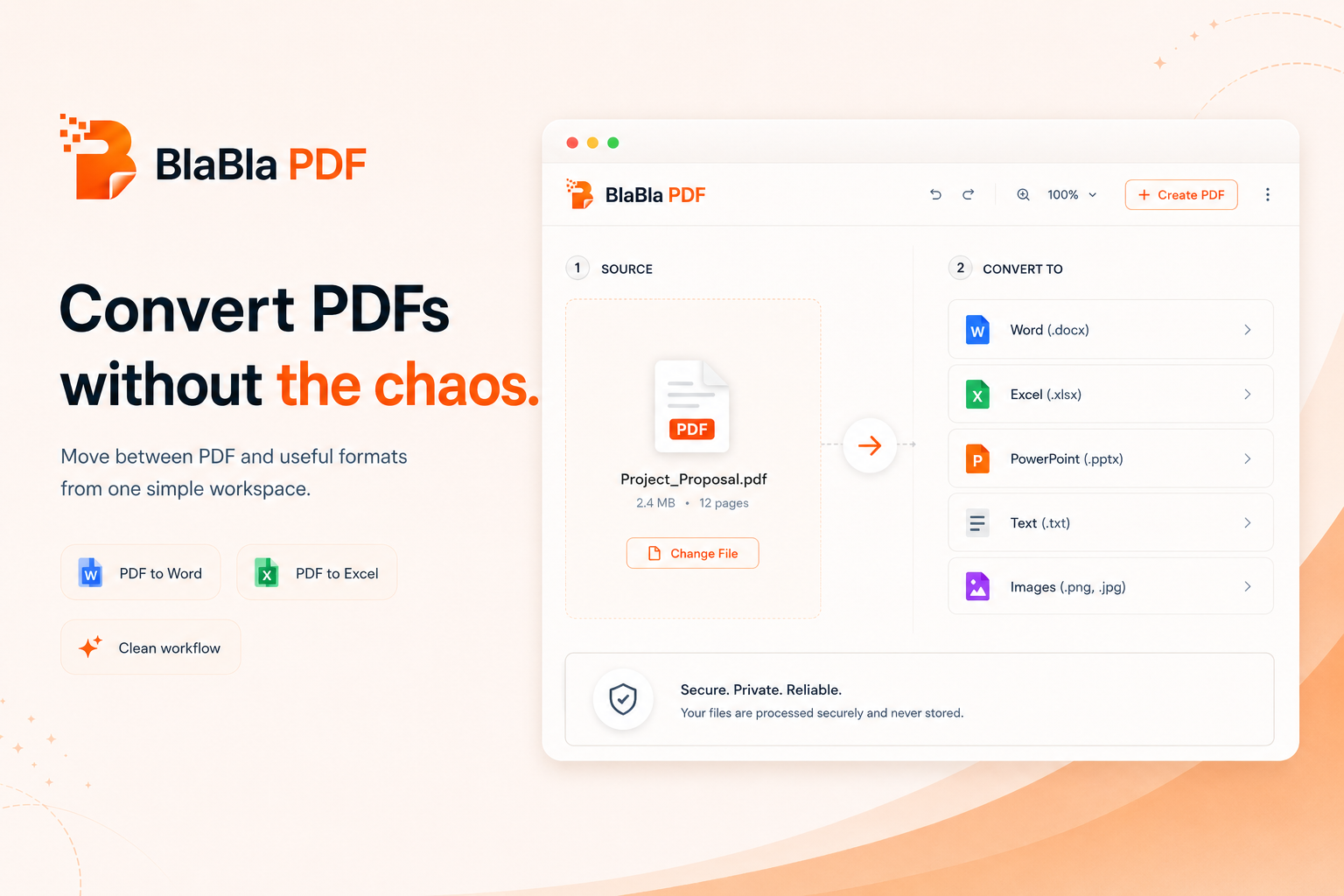 BlaBla PDF conversion flow from input file to selected output format