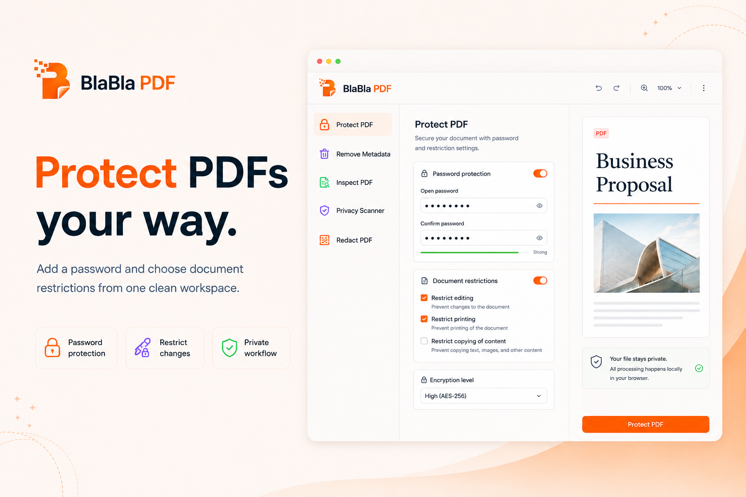 BlaBla PDF password protection interface for protecting a PDF
