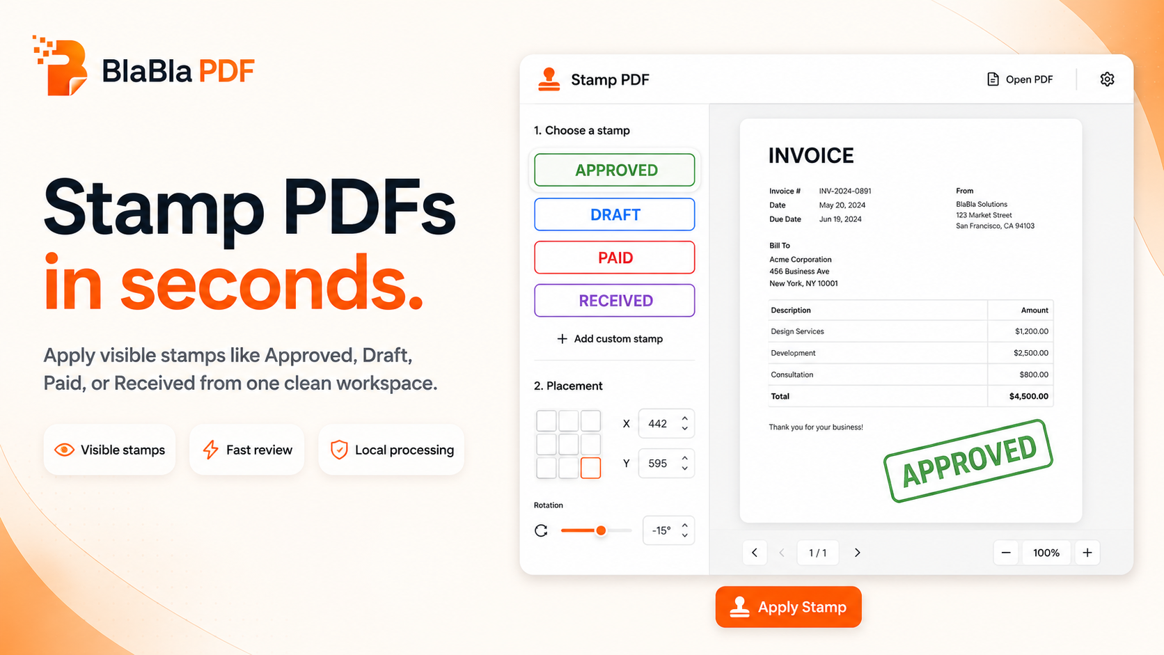 BlaBla PDF stamp tool placing status stamps on PDF pages