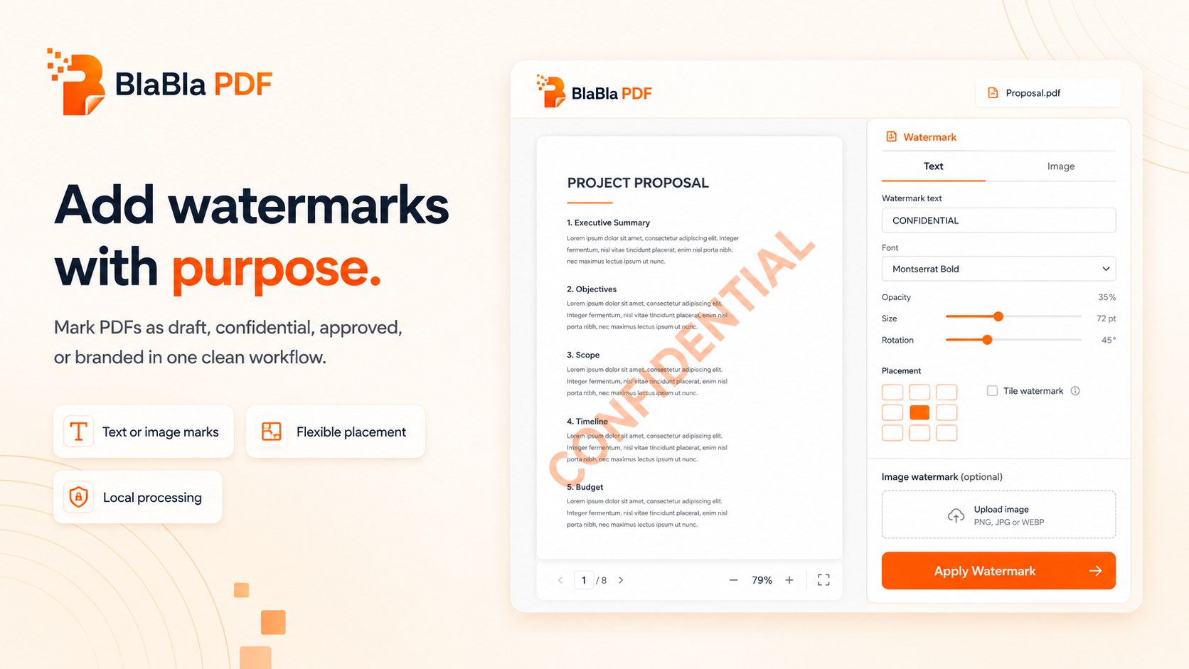 BlaBla PDF watermark tool adding a purposeful mark to PDF pages